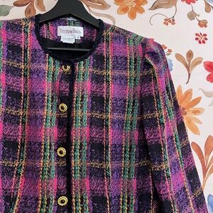 VTG Petites For Maggy 12P Mardi Gras Dark Academia Print Gold Button Plaid Top